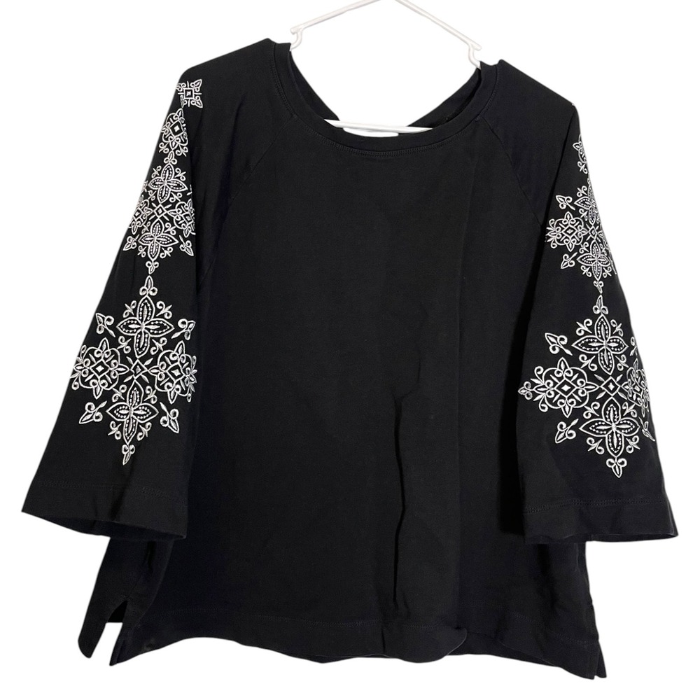 Ruby Rd XL Black Top Embroidered 3/4 Sleeve Raglan Boho Medallion Casual